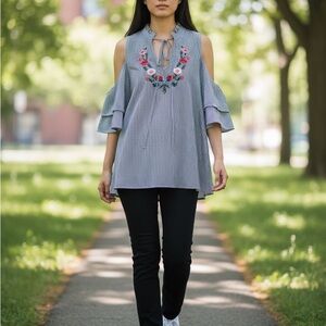 Striped Cold Shoulder Blouse with Floral Embroidery